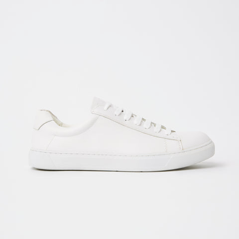a side view of the mens white leather sneaker with white sole and laces